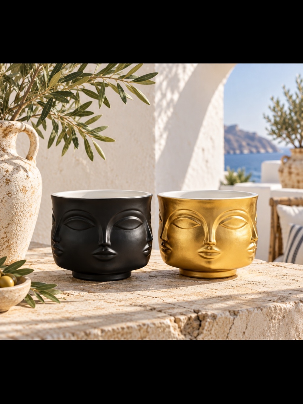 Set of 2 Modern Face Planters Black & Gold Ceramic Plant Pots ~ Excellent